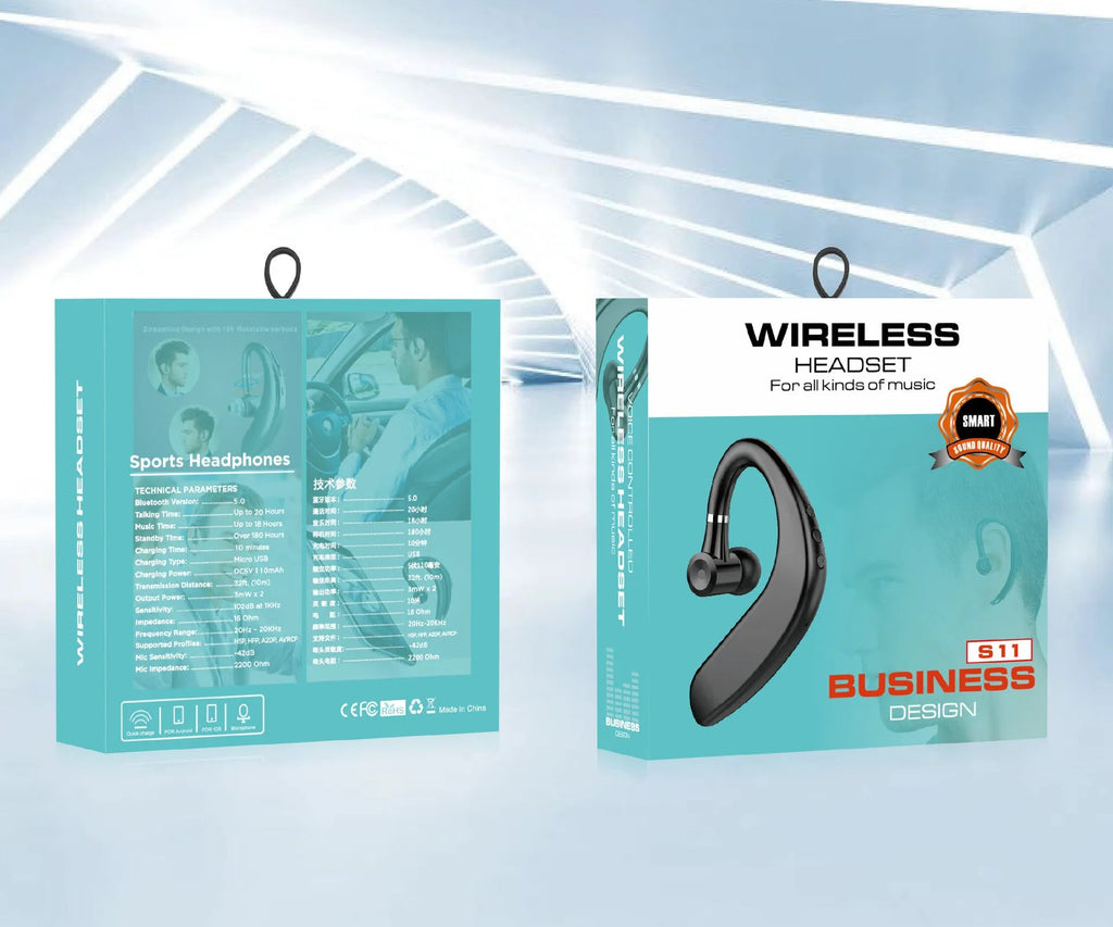 A black or blue unilateral in-ear wireless Bluetooth headset shown worn on one ear.