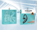 A black or blue unilateral in-ear wireless Bluetooth headset shown worn on one ear.