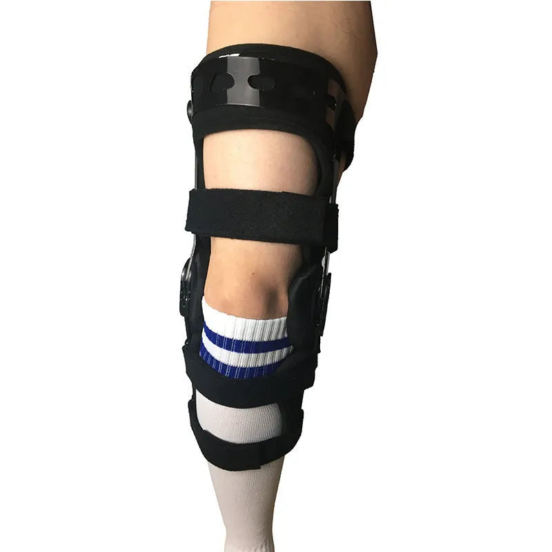 Black anterior knee support brace showing left and right specific versions for sizes S, M, L, and XL.