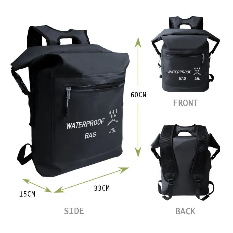 Black 25L outdoor waterproof backpack with 500D mesh clip for swimming and rafting
