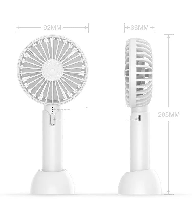 Blue handheld and desktop mini USB fan with oscillation function on a table.