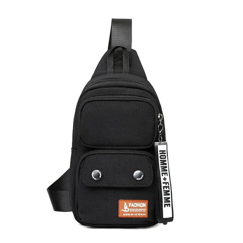 Nylon crossbody shoulder bag in black with contrast colour detailing and letter pattern