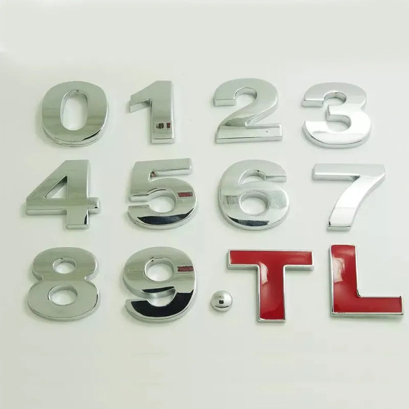 3D metal zinc alloy car bumper sticker showing a raised English letter on adhesive backing.