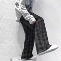 Men's black and green plaid pattern loose-fit straight-leg casual trousers on mid-waist