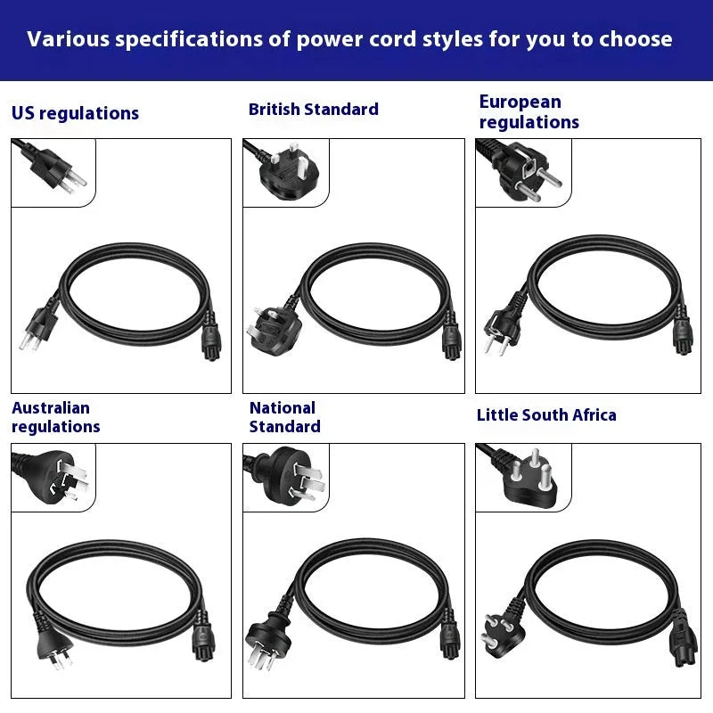 Black 65W Type-C laptop power adapter with multiple international plug heads on a white background.