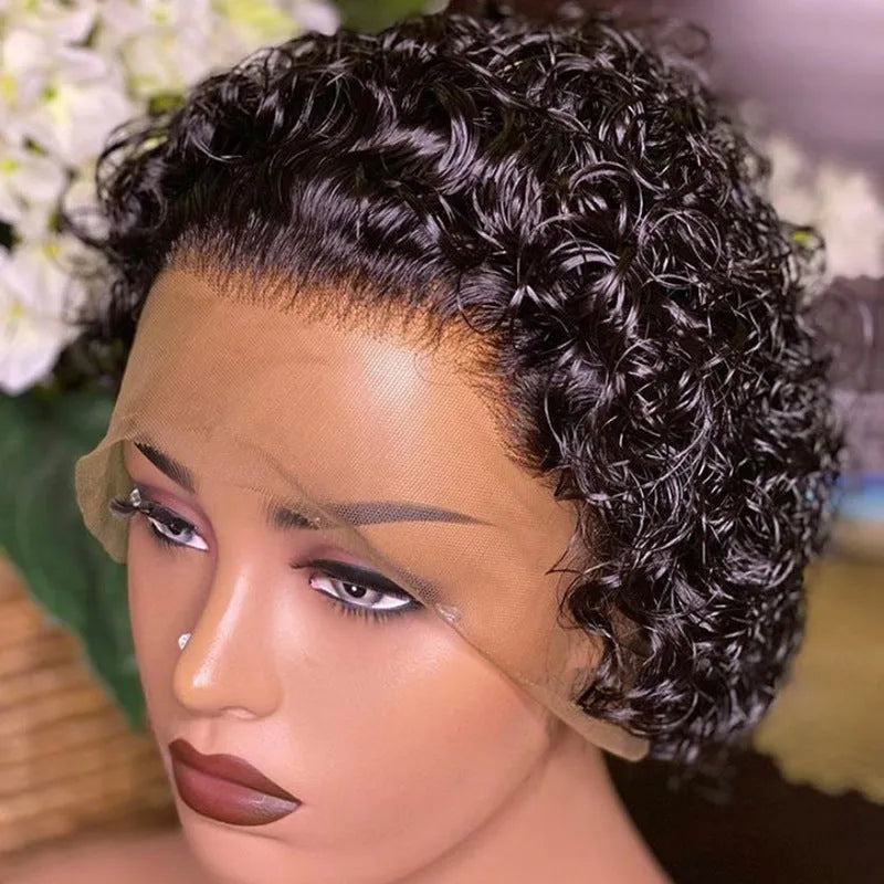 Black human hair lace cover pixie wig natural style 13x1 colour