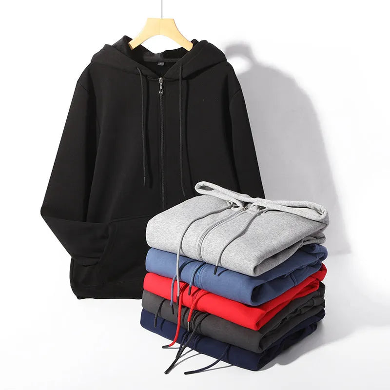 Men's beige heavyweight zip-front hooded cardigan sweater on a hanger.