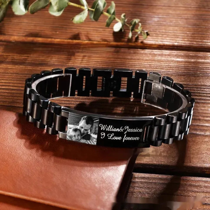 Men's stainless steel bracelet with curved heart shape and engraved lettering in gift box