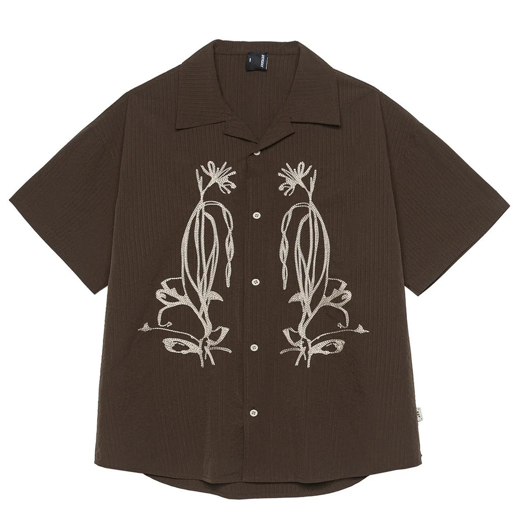 Brown striped Cuban collar short sleeve polyester shirt for outdoor casual wear