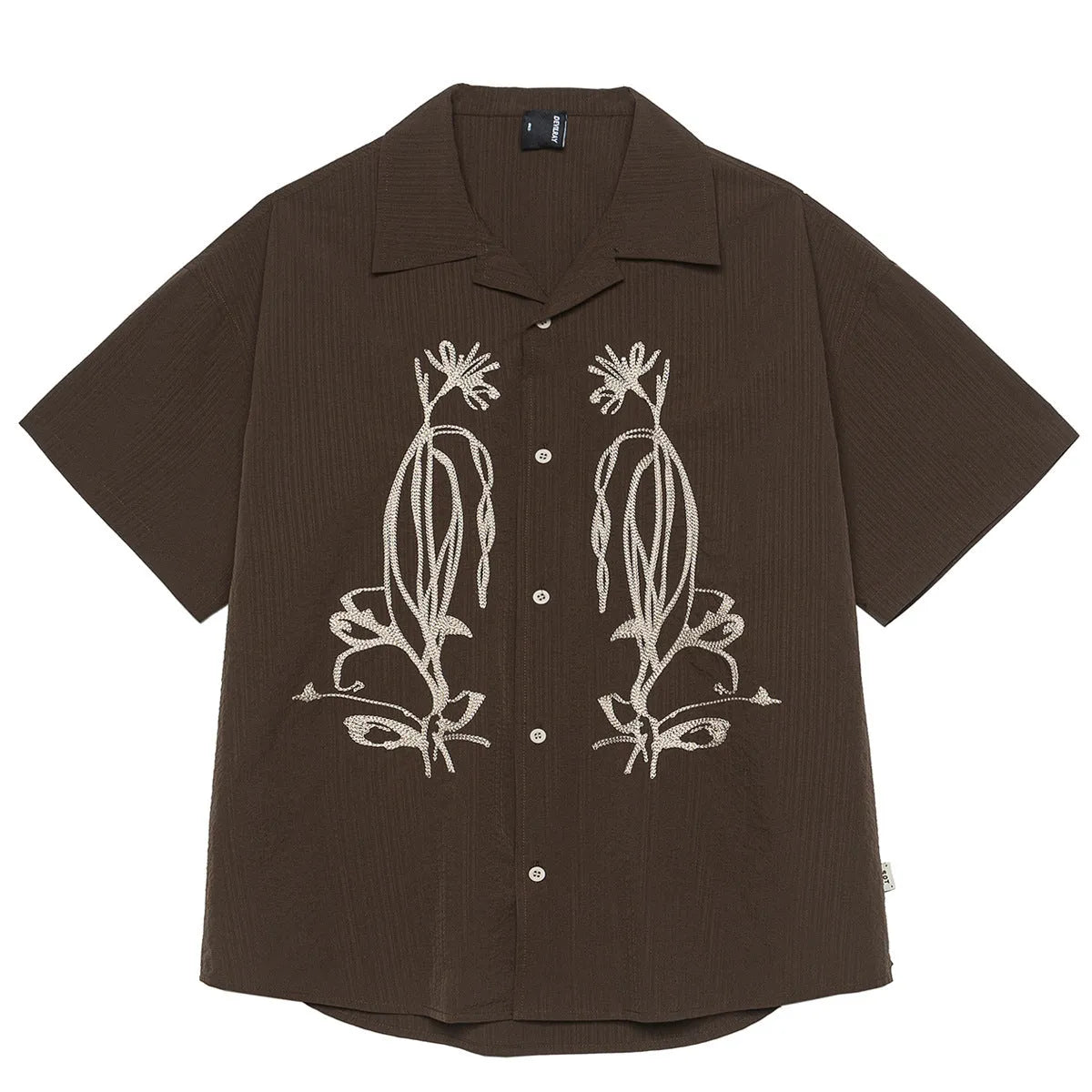 Brown striped Cuban collar short sleeve polyester shirt for outdoor casual wear