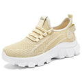 Men's white Flyknit running sneakers with thick PVC sole and lace-up closure