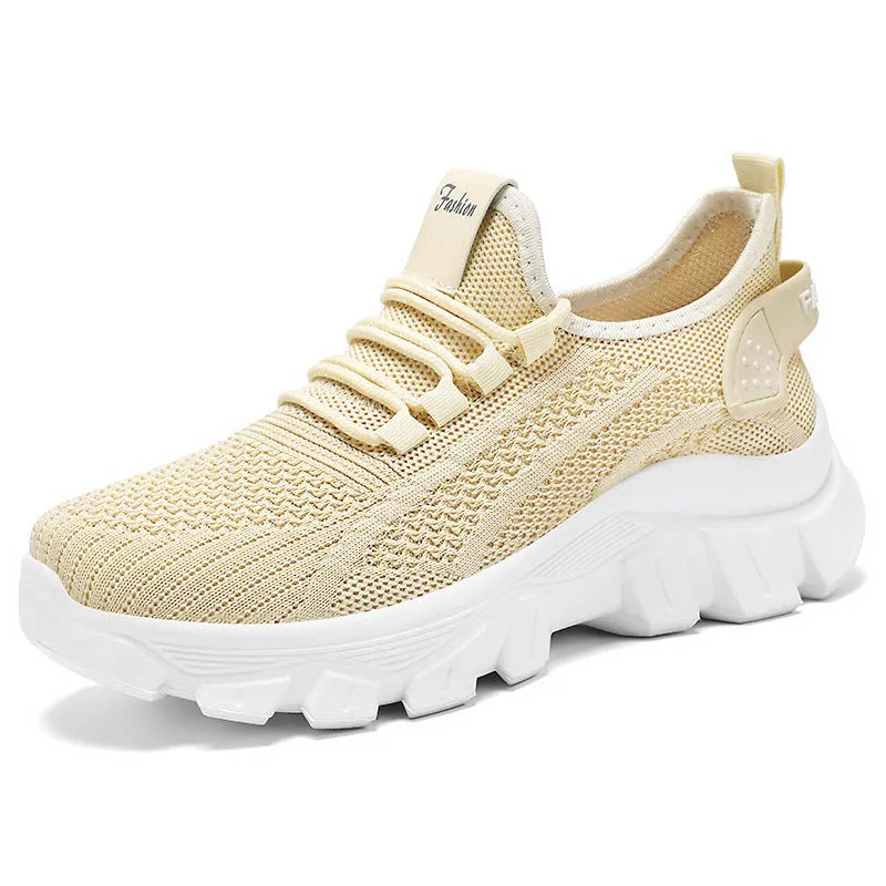 Men's white Flyknit running sneakers with thick PVC sole and lace-up closure
