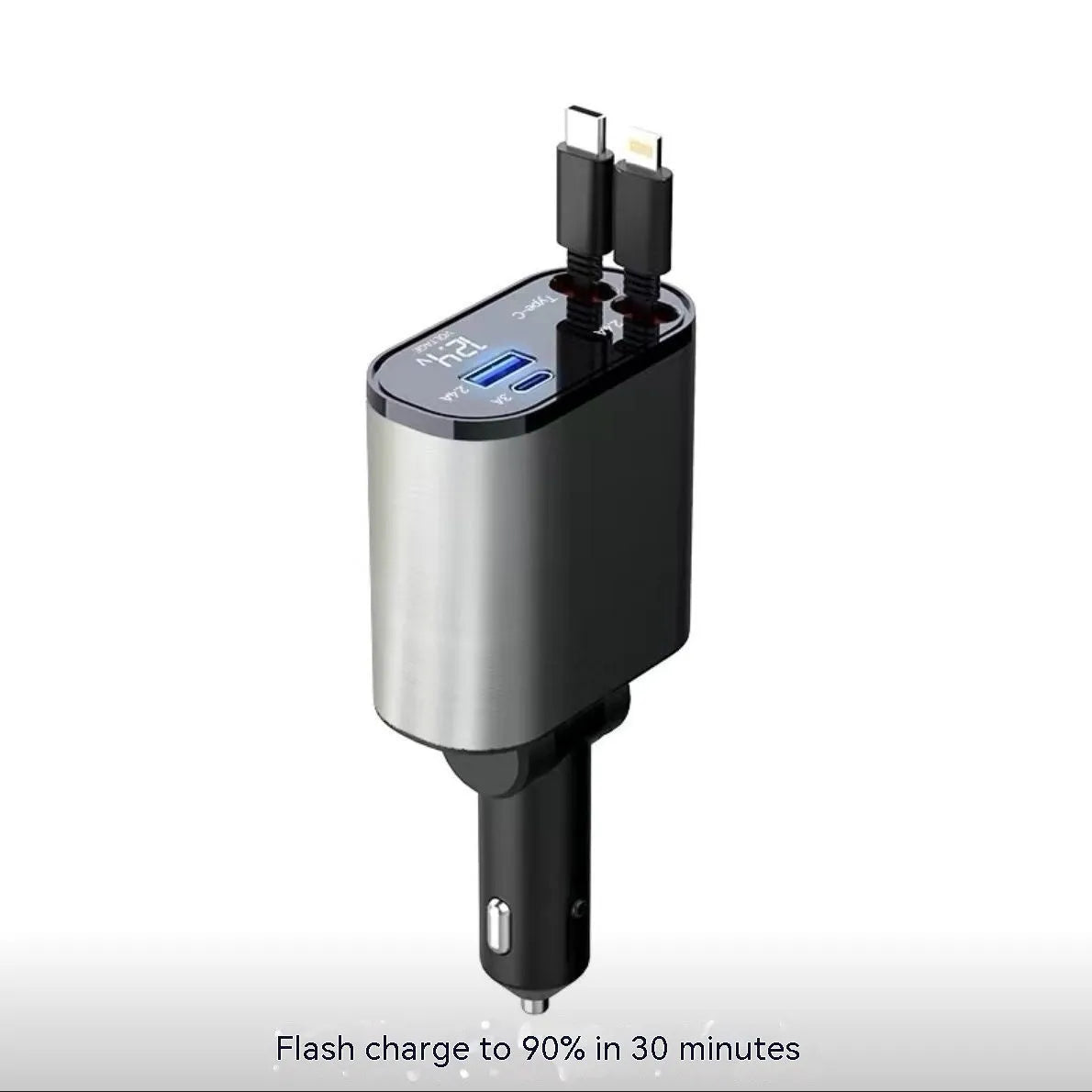 Automatic retractable car charger with 120W output showing retracted cable and cigarette lighter plug