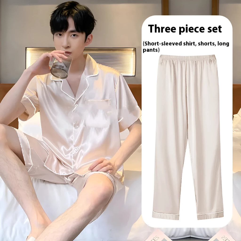 Men's ice silk three-piece home wear set with shorts and trousers in thin summer fabric