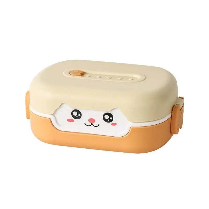 Square plastic cartoon lunch box with divided compartments in dark blue, orange yellow, or pink and green colours