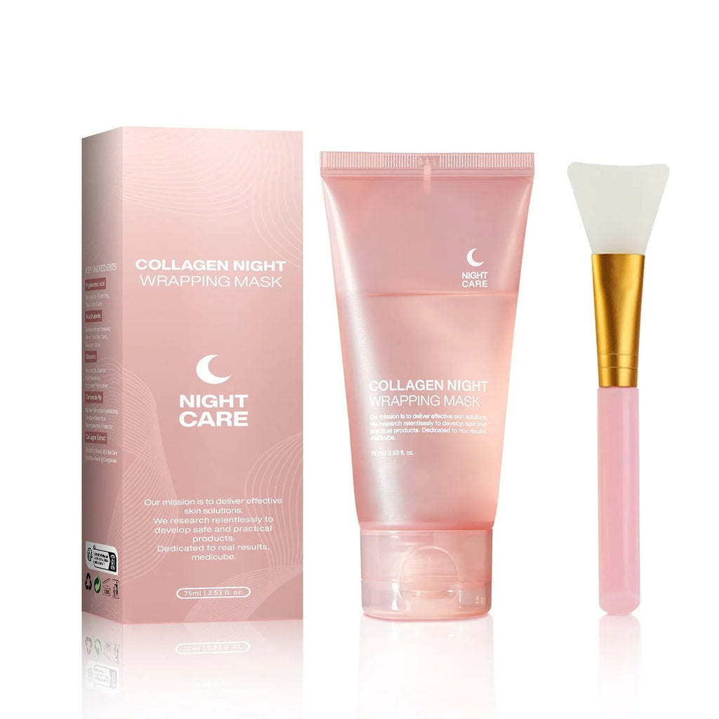 75ml collagen night face mask bottle with application brush for firming and hydration.