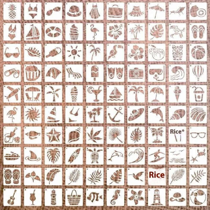 Milky white PET film spray painting stencils showing flower, animal, Hawaiian, and letter designs at 2-inch size