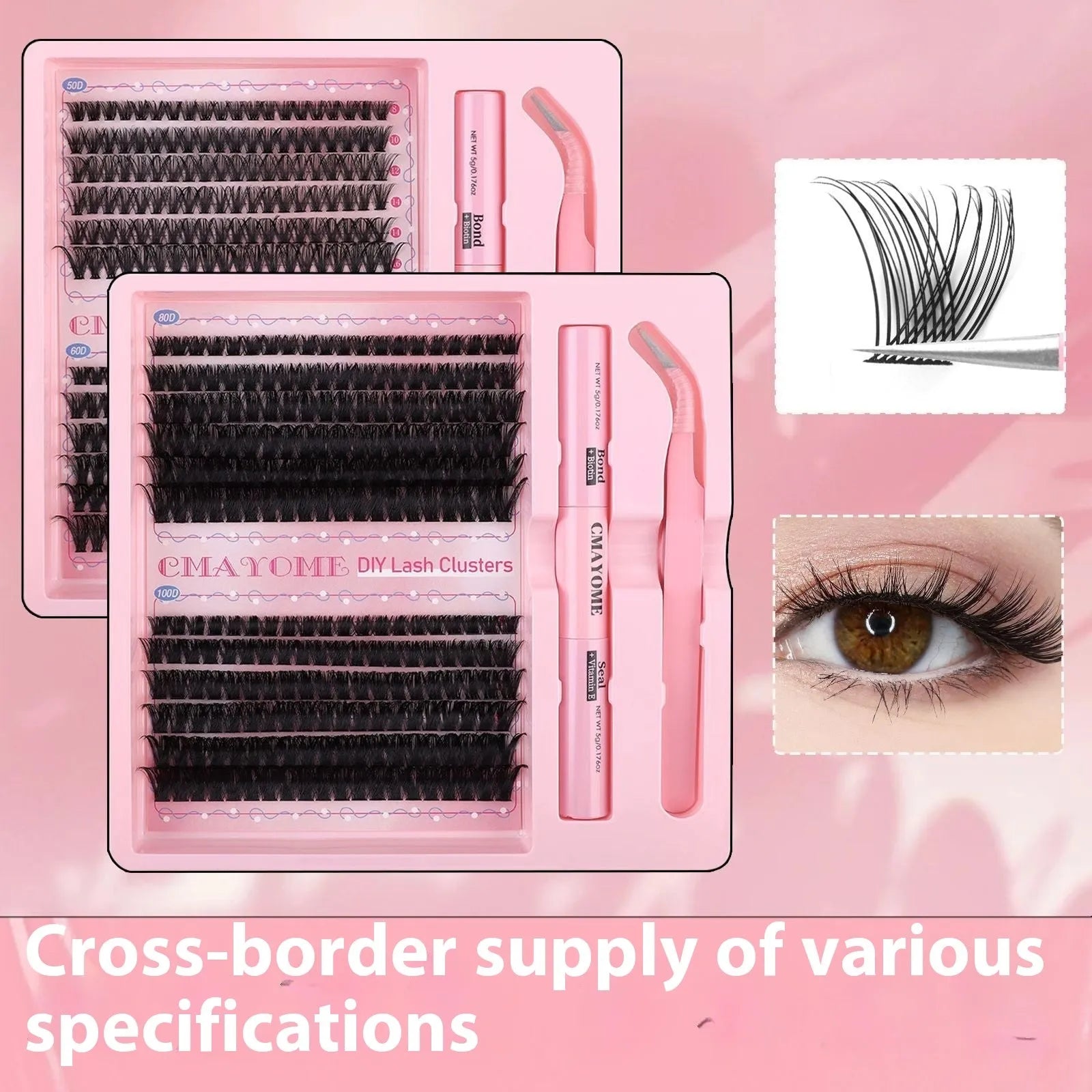 DIY single cluster false eyelashes with artificial fibre construction and applicator tools for custom placement