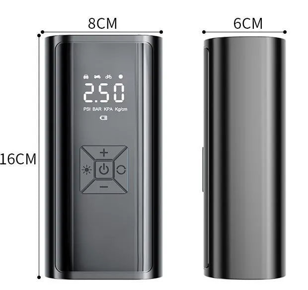 Portable wireless digital tyre pump with display, power bank function, and 15cm inflatable tube