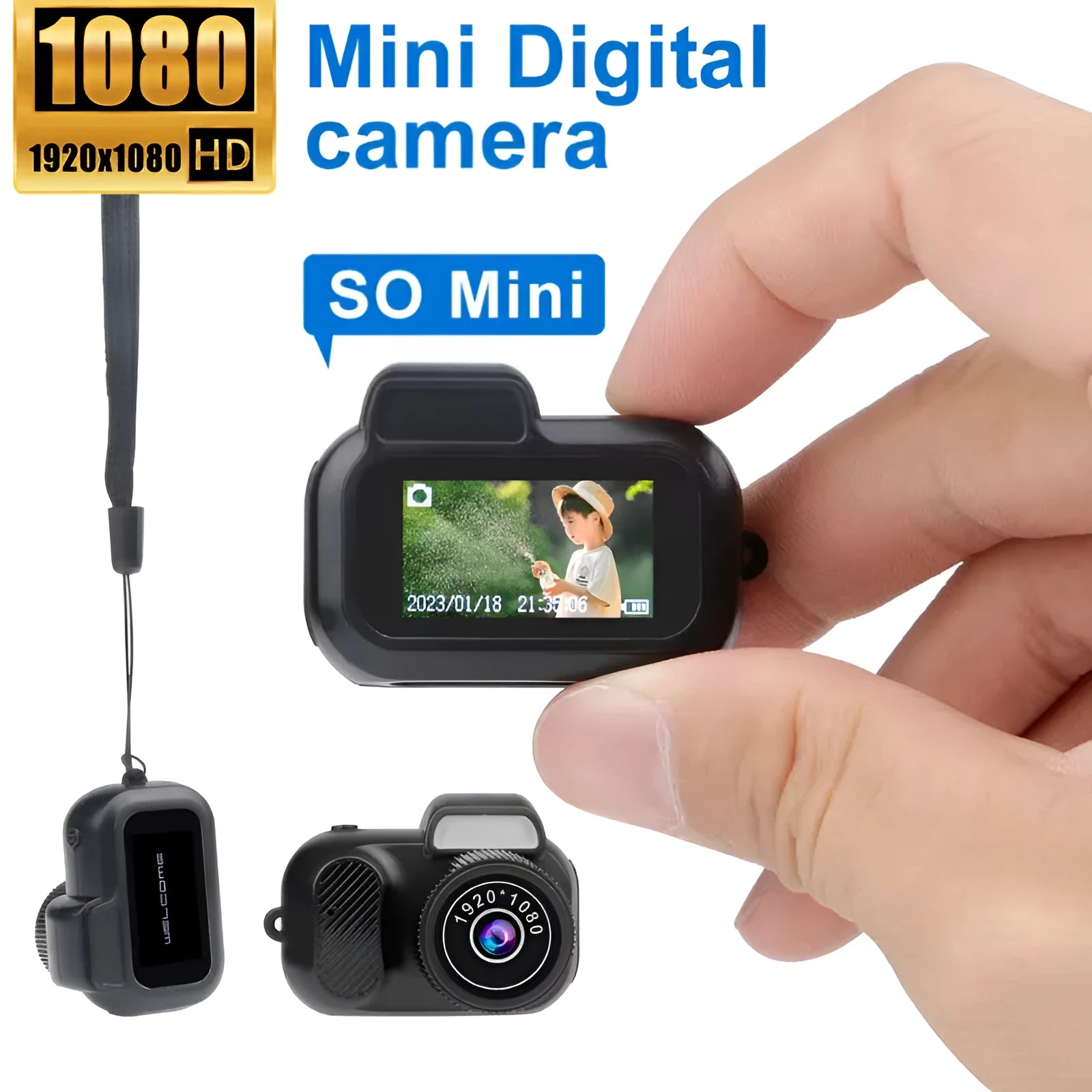 Retro mini camera in black with display screen, 1080p HD portable camcorder for home and outdoor recording