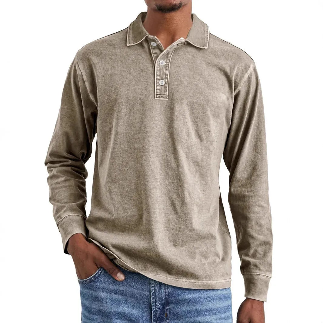 Men's retro washed distressed cotton lapel polo shirt in Army Green colour showing long sleeves and pointed collar
