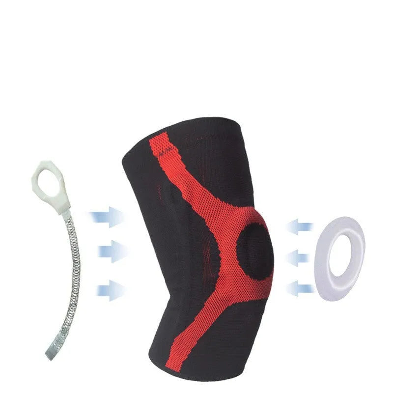 Red and grey silicone knitted sports knee pads for running and climbing with non-slip design
