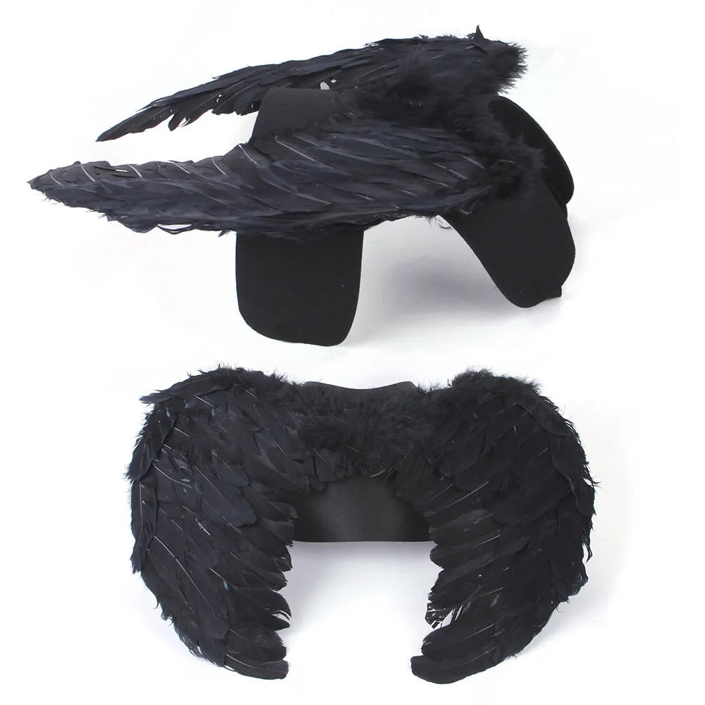 Halloween angel wings dog costume in felt cloth, chest-back design, available in black or white, sizes S M L