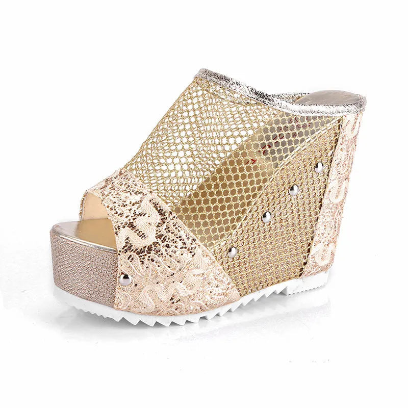 Korean chunky heel platform flip-flops with hollowed-out design and mesh upper in black, silver, and gold colours.
