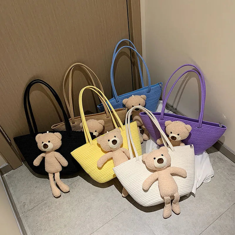 Woven cotton linen dumpling-shaped bag with three-dimensional pocket and double shoulder straps
