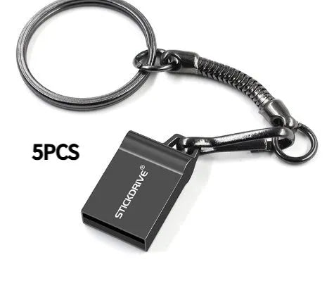 Silver and black metal USB flash drive on a necklace chain, showing lanyard and capacity options.