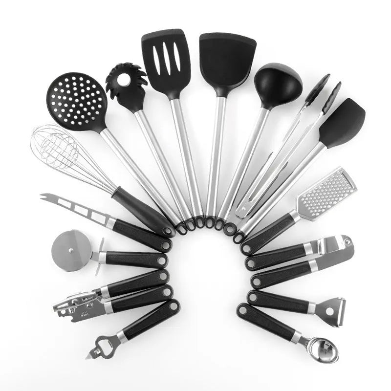 16-piece black silicone and stainless steel kitchen utensil set including spatulas and spoons.