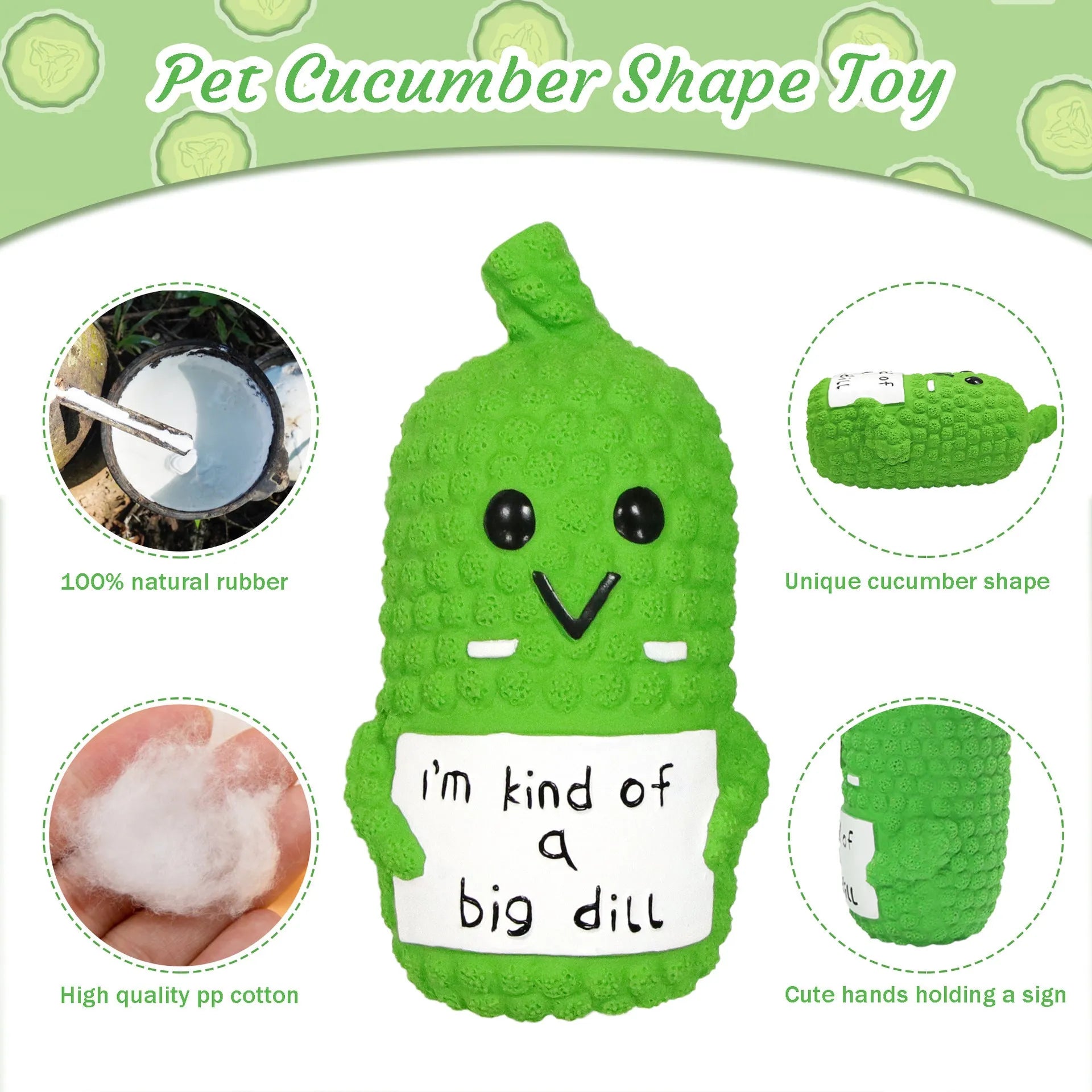 Green pickle-shaped latex dog chew toy with bumpy texture and a squeaker inside.