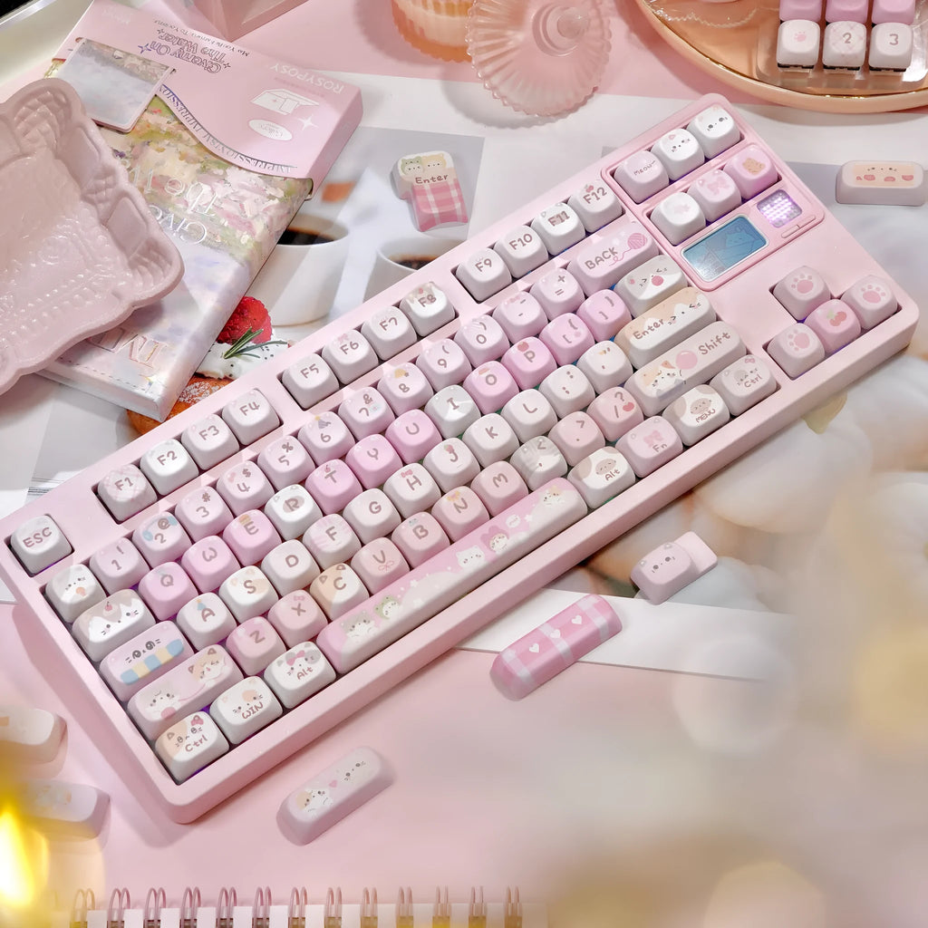 MOA Height Full Five-sided Sublimation Key Caps in pink with cartoon artwork on mechanical keyboard