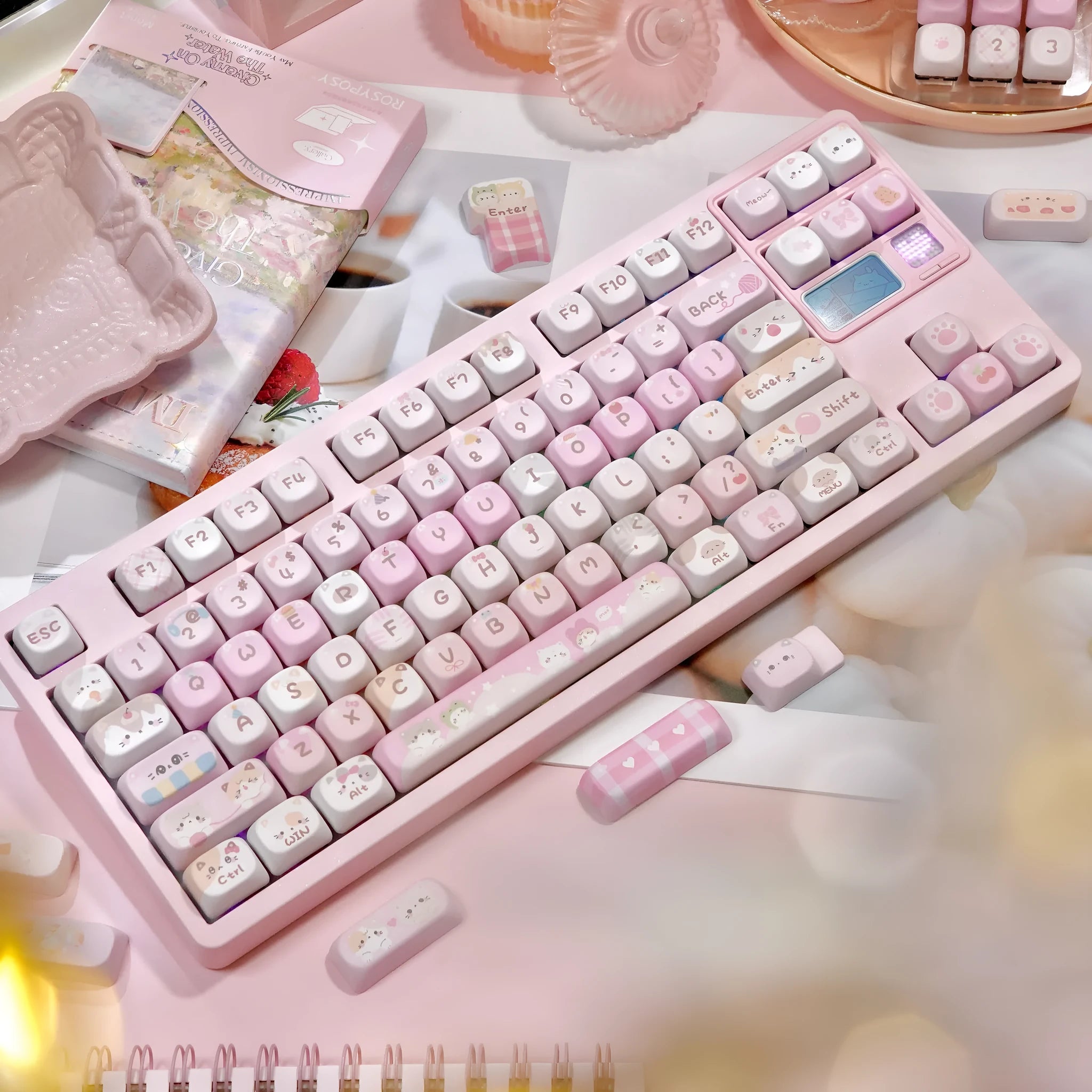 MOA Height Full Five-sided Sublimation Key Caps in pink with cartoon artwork on mechanical keyboard
