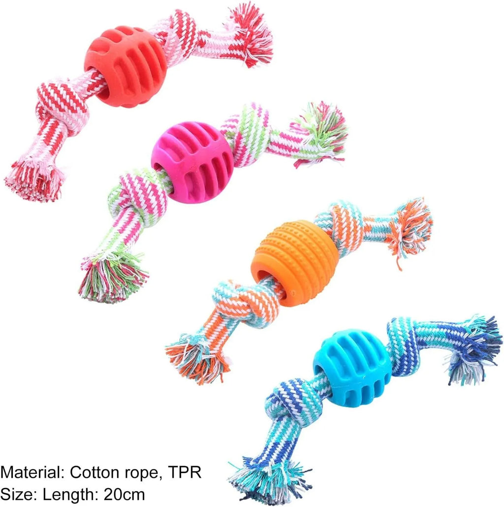 Set of four colourful soft dog chew toys with molar shapes and rope ends on a white background.