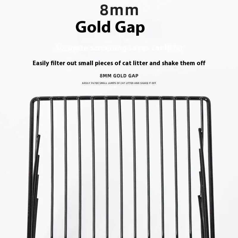 Black metal cat litter scoop with 0.8cm gap between tines for cleaning clumped litter
