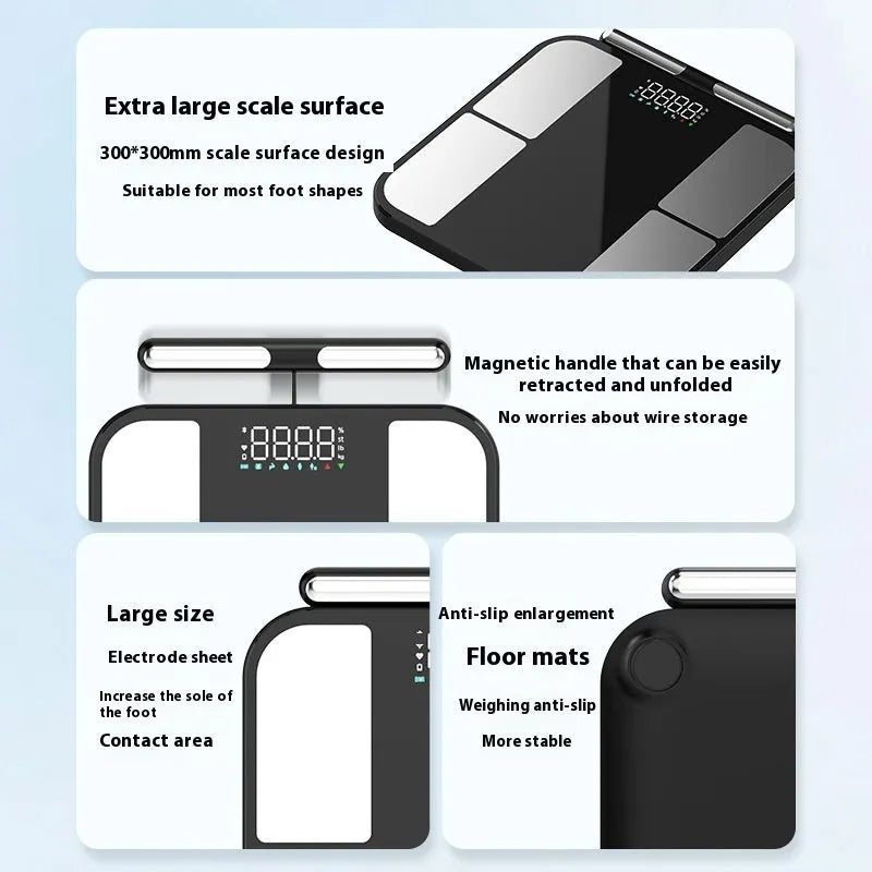 Black electronic body fat scale with colour screen display on tempered glass platform