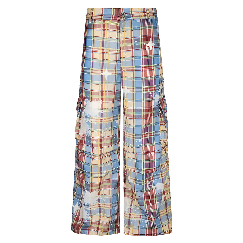 Men's blue and yellow tartan check loose fit straight leg casual overalls