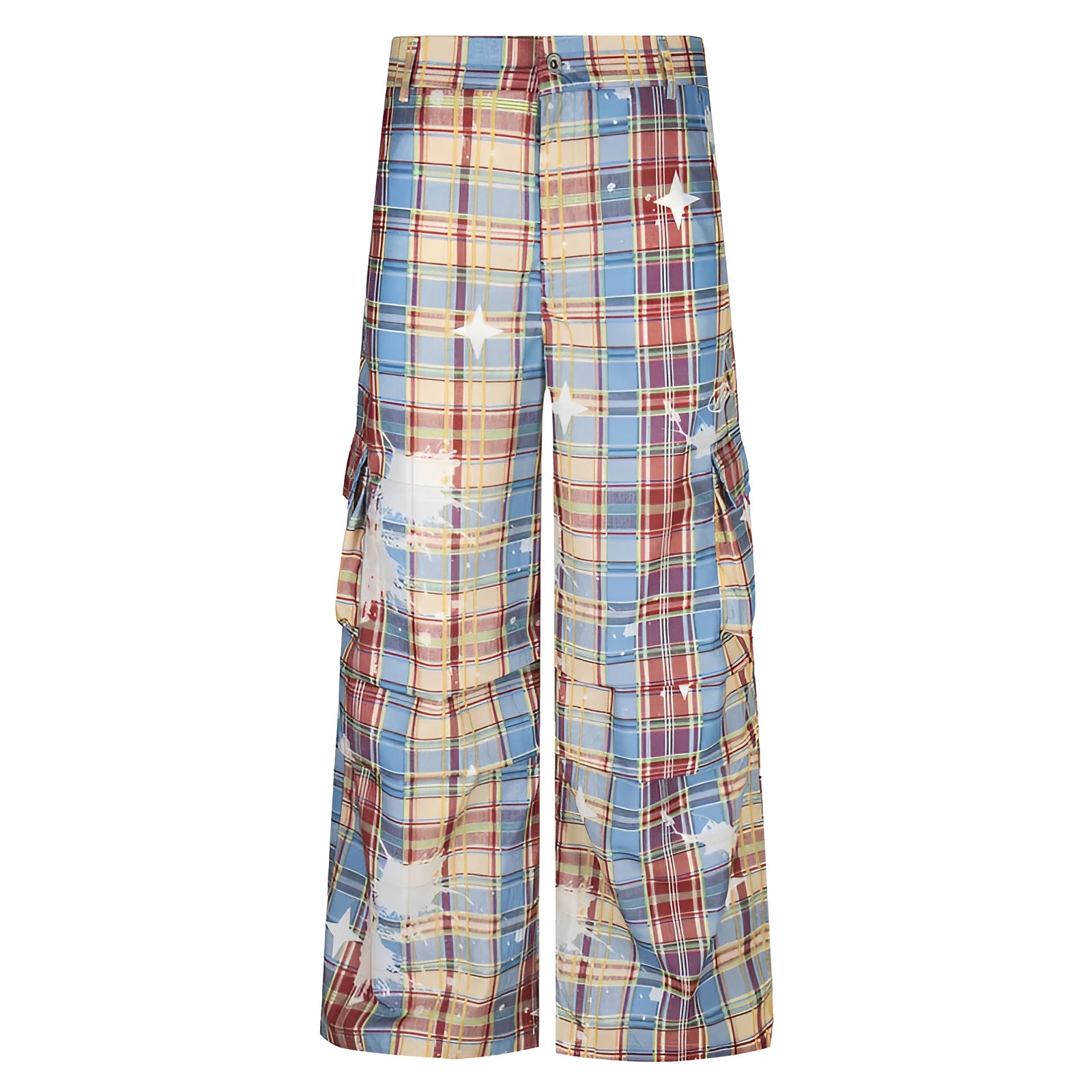 Men's blue and yellow tartan check loose fit straight leg casual overalls