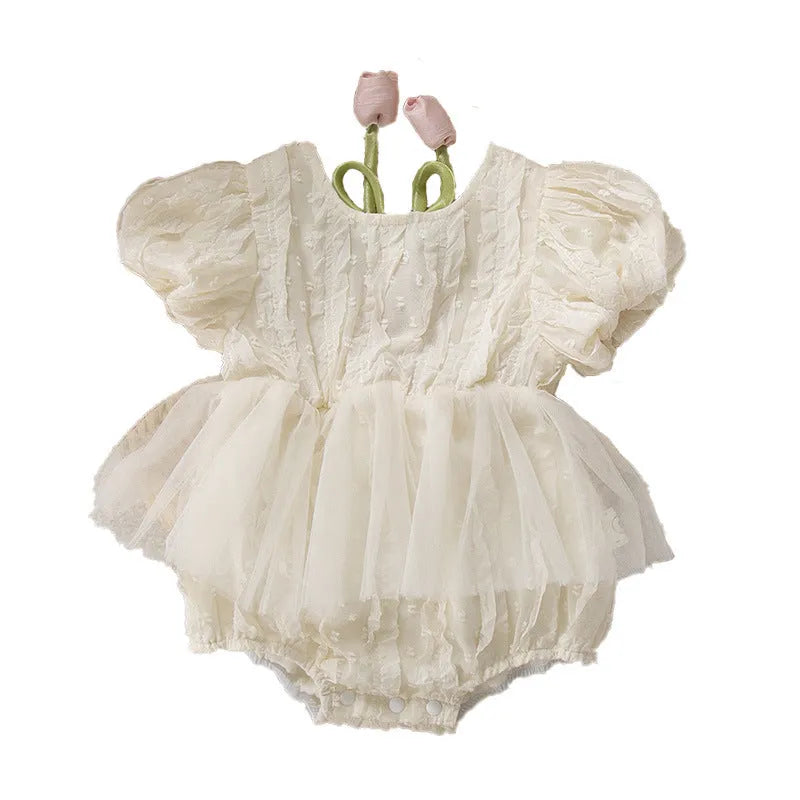 Baby triangle jumpsuit romper in apricot with pullover style and short sleeves