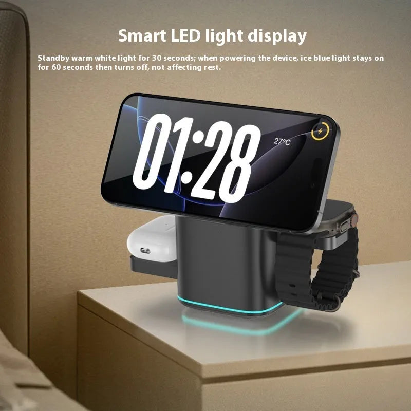 Black magnetic wireless charging stand for mobile phones with 180-degree rotation feature