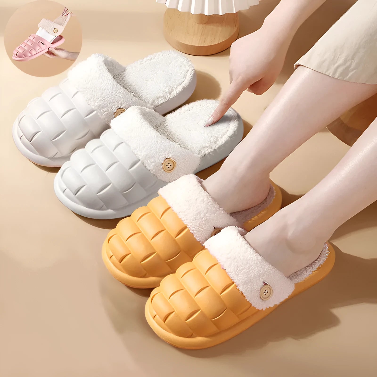 Plaid patterned detachable slippers with a warm plush lining and a textured EVA nonslip sole.