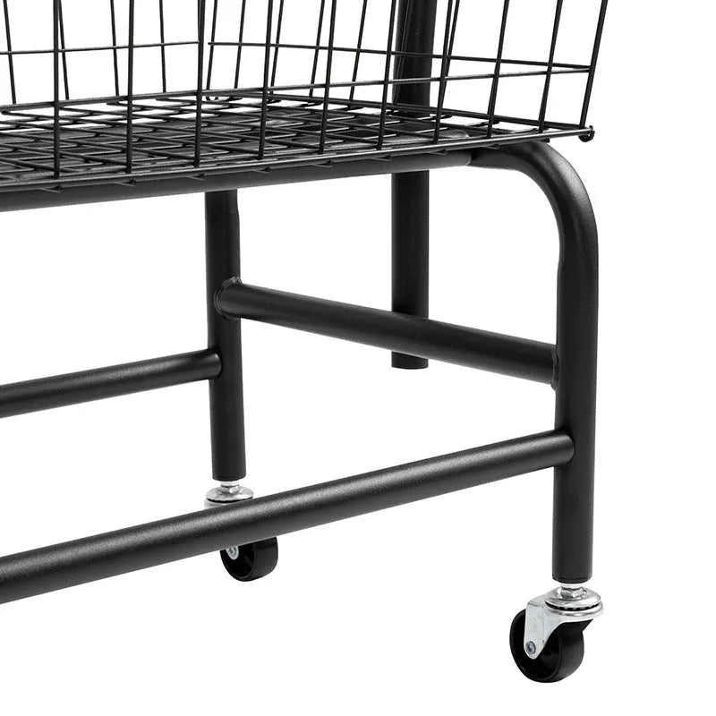 White iron frame pulley storage car with an adjustable hanging rod for trousers and ties.