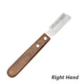 Wooden dog hair removal knife grooming tool on surface with wooden handle