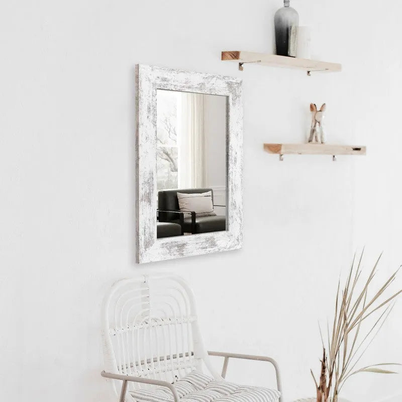 Pastoral style wall-mounted bathroom mirror with MDF frame in Small Old White colour