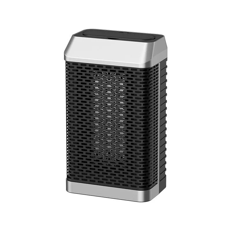 Black desktop smart heater with remote control, shaking head mechanism, and digital display