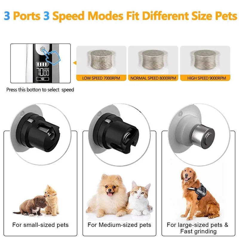 Electric dog nail grinder device showing LED indicators and LCD display for 3-speed pet nail trimming
