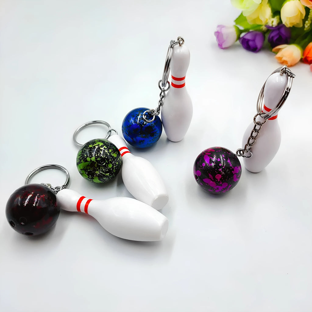 Mini simulation sports bowling keychain pendant in PVC metal construction weighing 26g