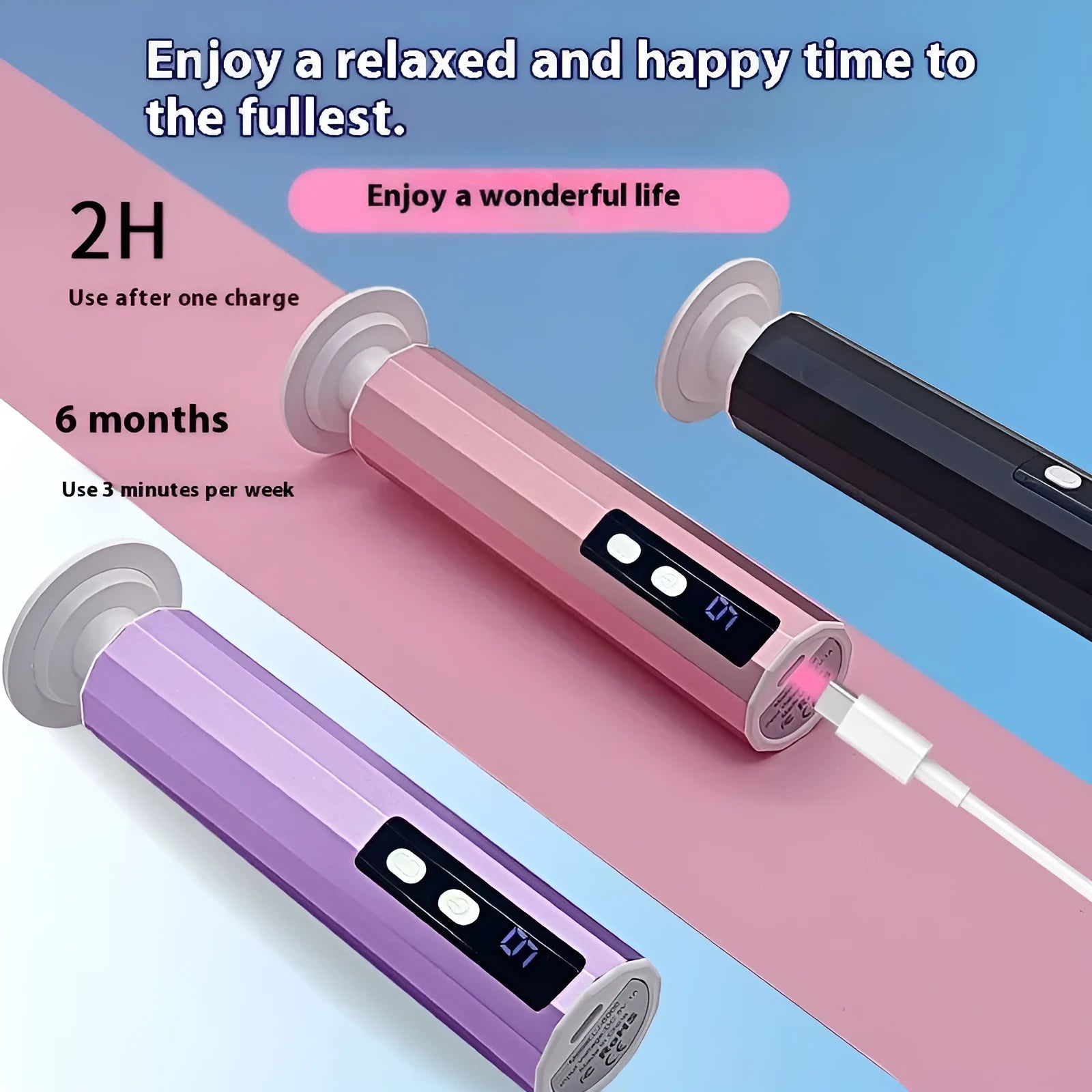 USB rechargeable electric foot file and callus remover with sandpaper wheels in pink, black, and purple colours.