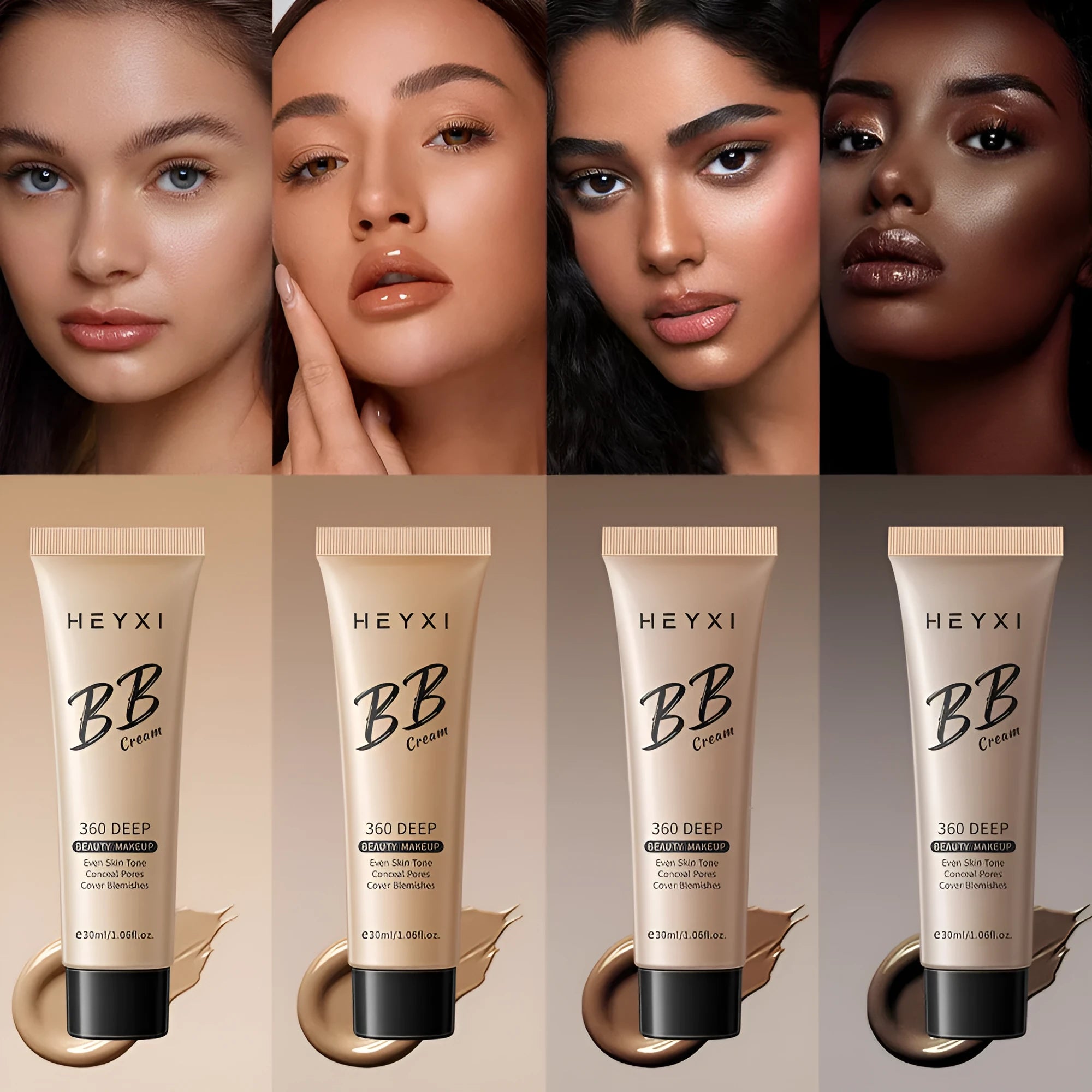 Waterproof BB cream bottle showing four colour shade options for universal skin types